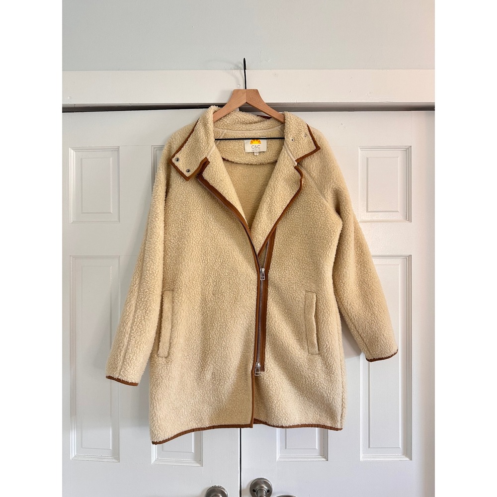 C&C‎ California Cream Faux Shearling Teddy Coat Asymmetrical Zip Brown Trim L